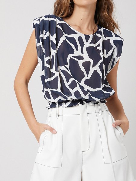 

Abstract Regular Fit Crew Neck Sleeveless Top, Deep blue, Tops