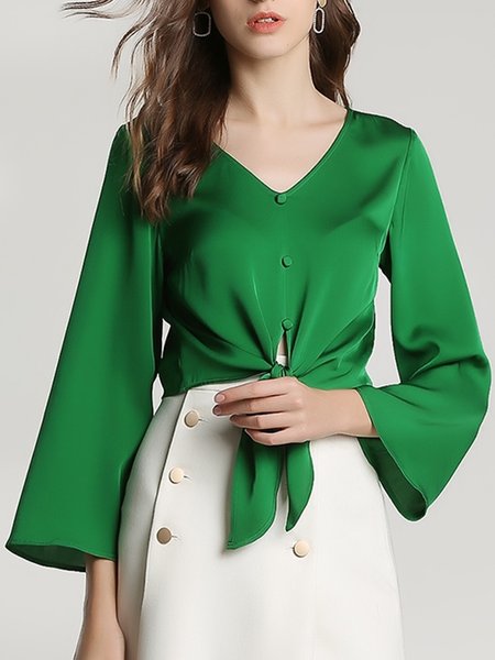 

Satin Flare Sleeve Regular Fit Long Sleeve Top, Green, Tops