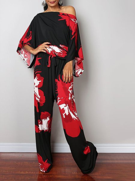 

Off The Shoulder Floral Regular Fit Two Piece Sets, Black, Pants Set