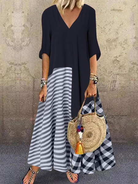 

Summer V-neck Short-sleeved Gingham Maxi Dress, Dark blue, Dresses