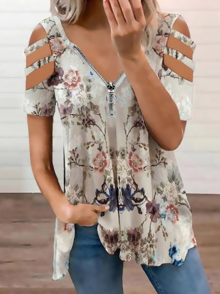 

Women's Vintage Floral Print Short Sleeve Tops, As picture, Blouses