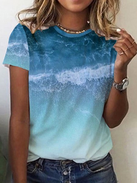 

Casual Sea Printed Short Sleeve Loosen T-Shirt, Blue, T-Shirts