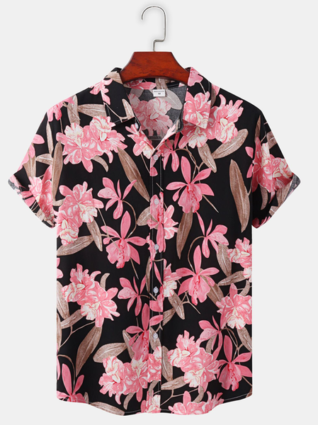

Cotton Linen Botanical Floral Print Lapel Cozy Linen Shirt, As picture, Blouses&Shirts