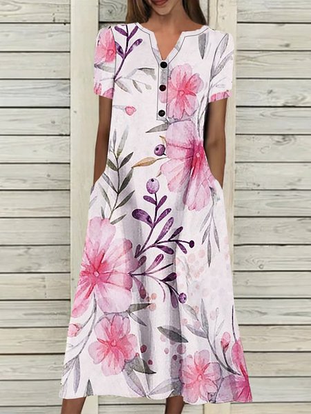 

Loosen Casual Floral Short Sleeve Woven Dress, Flower, Midi Dresses