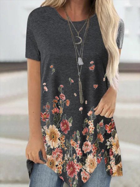

Floral Short Sleeve Crew Neck Plus Size Casual T-shirts, Deep gray, T-Shirts