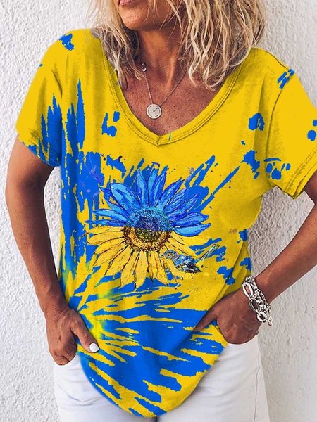 

V Neck Regular Fit Floral Short Sleeve T-Shirt, Yellow, Tops