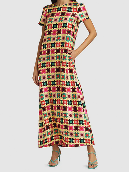 

Summer A-line Short sleeve Elegant Geometric Short Sleeve Woven Dress, Multicolor, Maxi Dresses