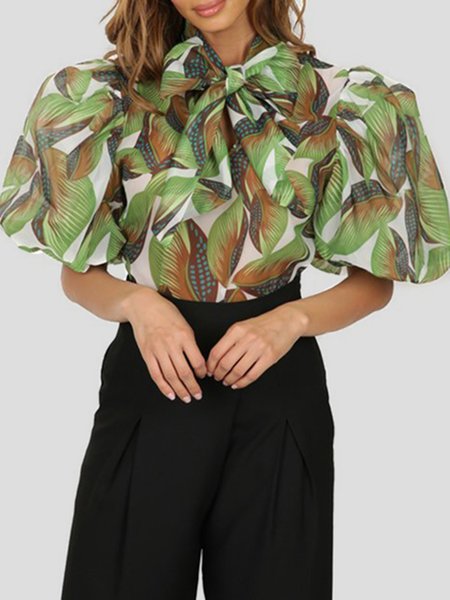 

Tie Neck Regular Fit Leaves Short Sleeve Top, Green, Tops