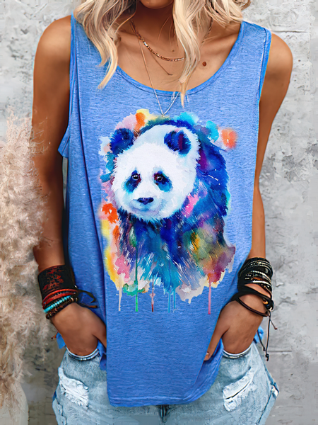 

Cute panda print vest Casual V Neck Knit, Blue, Tops