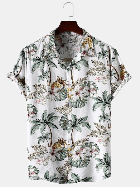 

Lapel Coconut Tree Short Sleeve Short Sleeve Shirt, White, Blouses&Shirts