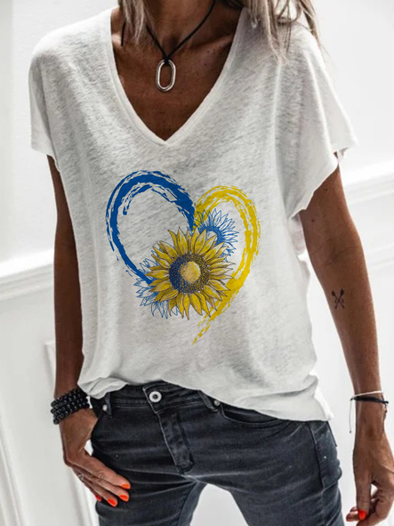 

Casual Sunflower V Neck Short Sleeve T-Shirt, White, Tops