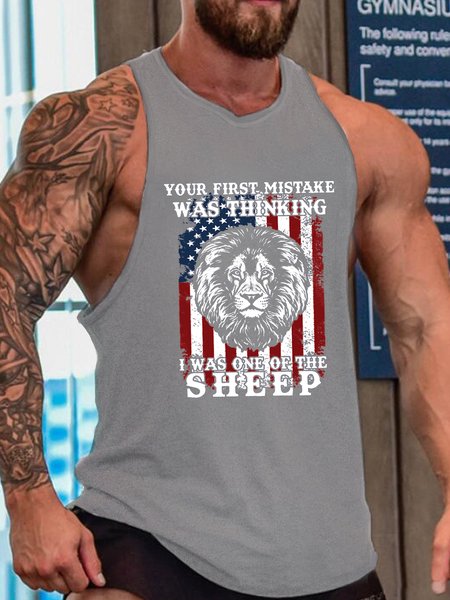 

Lion Us Flag Your First Mistake Was Thinking I Was One Of The Sheep Casual Sleeveless Knit, Gray, Tank Tops
