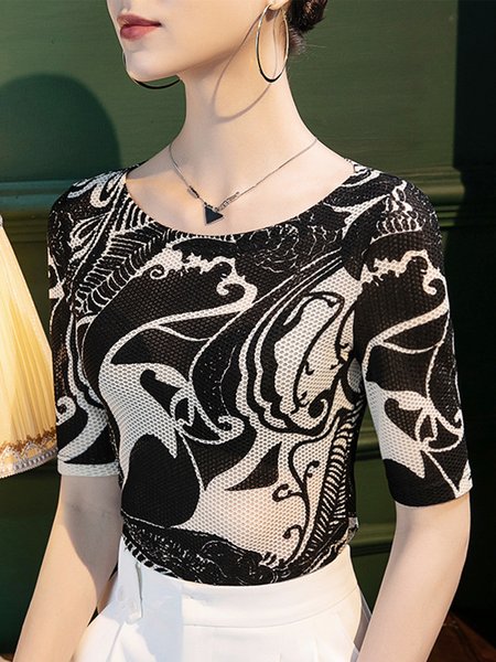 

Abstract Short Sleeve Casual Skinny T-Shirt, Black-white, Tees