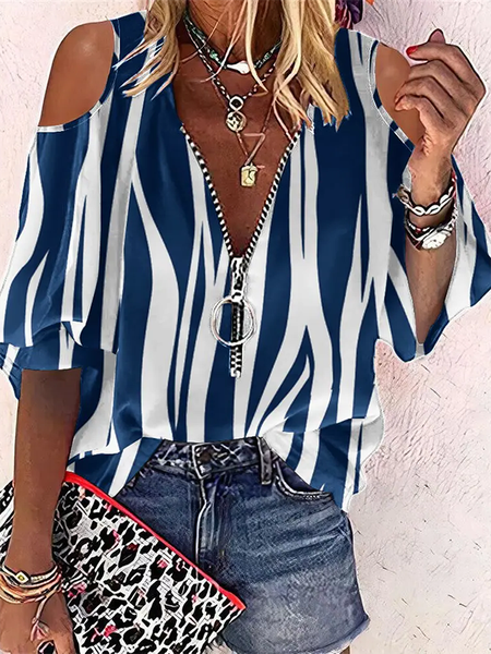 

Striped Casual V Neck Short Sleeve Tops, Blue, Tops