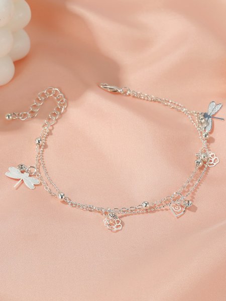 

JFN Holiday Style Beach Rose Dragonfly Zircon Multilayer Anklet, Silver, Anklets