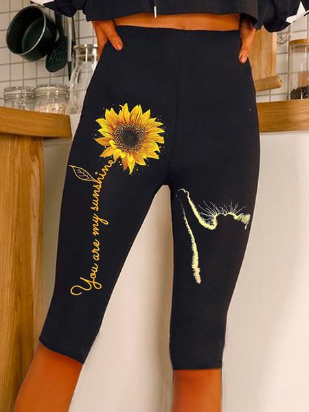 

Sunflower Printed Skinny Elastic Waist Knee Length Leggings, Black, Bottoms