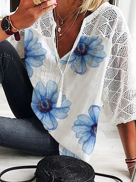 

Floral Casual Short Sleeve Tops, White, Tops