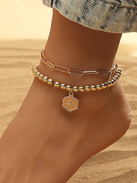 

JFN 2Pcs Beach Vacation Style Paperclip Alphabet Multilayer Anklet Set, Golden, Anklets