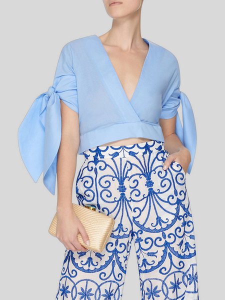 

Simple V Neck Solid Short Sleeve Lace-up Top, Blue, Tops