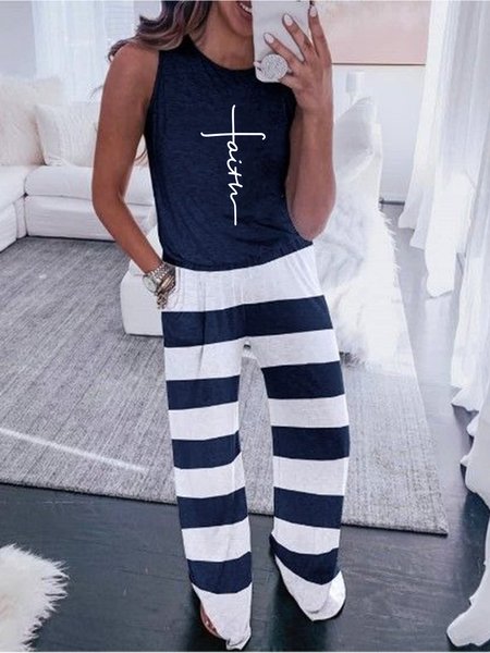 

Casual Crew Neck Striped Sleeveless Two Piece Sets, Navy blue, Two-piece Outfits