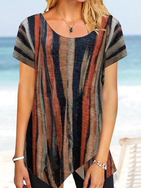 

Loosen Casual Striped Short Sleeve Tops, Black-orange, Tops