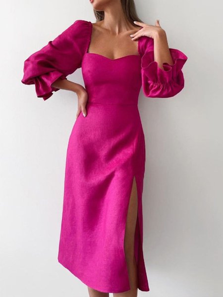 

Elegant Short Sleeve Woven Dress, Rose red, Midi Dresses