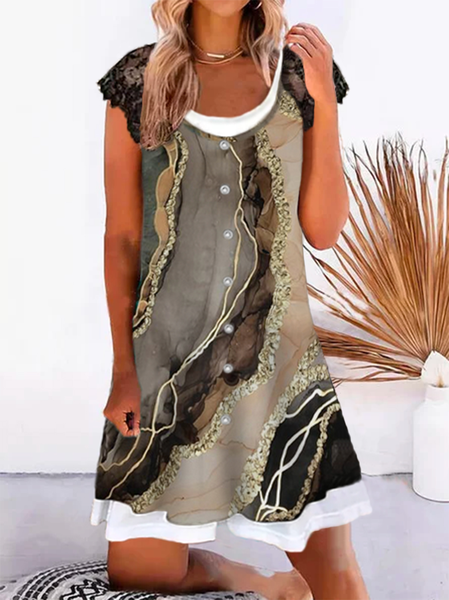 

Plus size Crew Neck Short Sleeve Striped Floral Dress, As picture, Mini Dresses