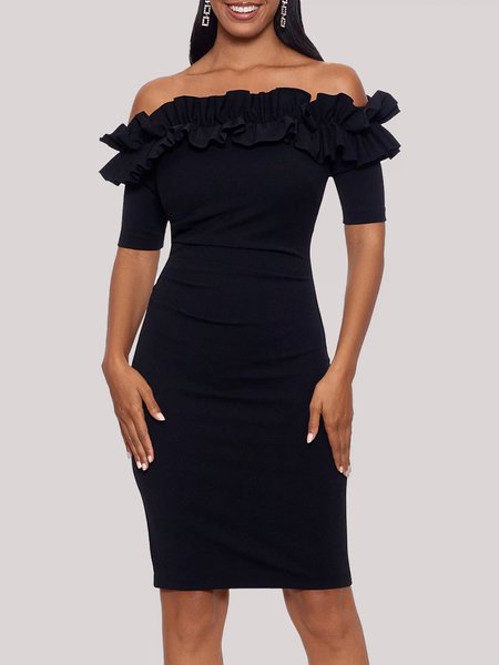 

Elegant Skinny Plain Short Sleeve Knit Midi Dress, Black, Mini Dresses