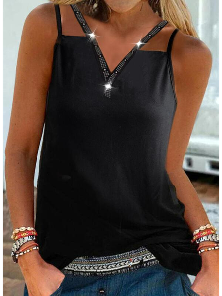 

Summer V Neck Plain Vacation Knit, Black, Tanks & Camis