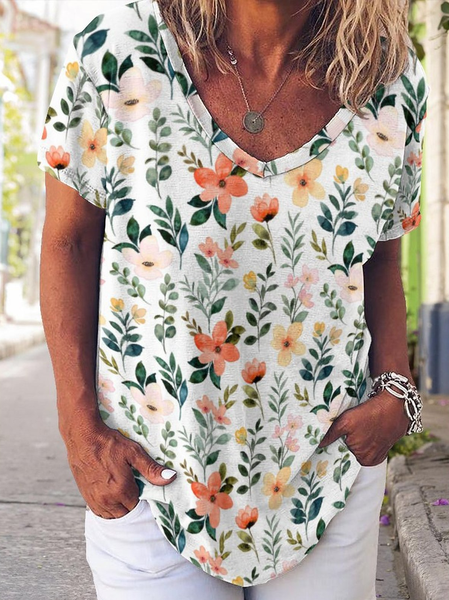 

Casual Simple Floral Print V-Neck T-Shirt, As picture, T-shirts