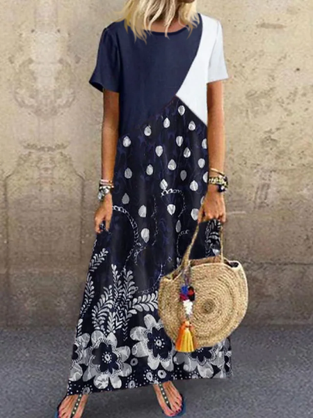 

Floral Casual Short Sleeve Knit Dress, Purplish blue, Dresses