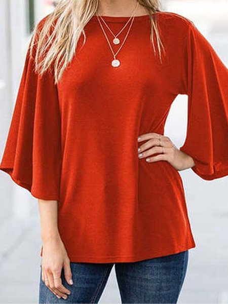 

Casual Solid Flare Sleeve Long Sleeve T-Shirt, Orange red, T-Shirts