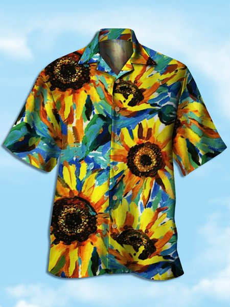 

Mens Art Painting Sunflowers Print Casual Breathable Short Sleeve Aloha Shirt, Yellow, Men's Floral shirt