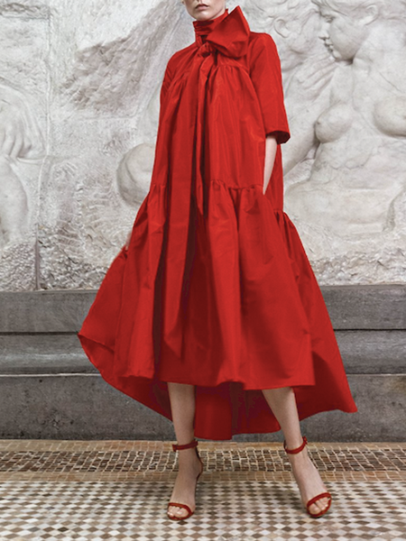 

Summer Lightweight A-line Loosen Stand Collar Short Sleeve Woven Dress, Red, Midi Dresses