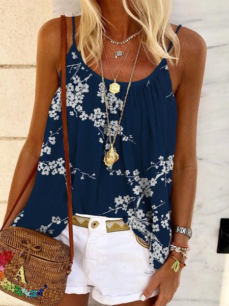 Casual Floral Sleeveless Round Neck Plus Size Printed Top Vests, Blue, Tank Top