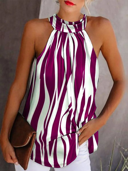 

Regular Fit Casual Sleeveless Striped Top, Rose red, Blouses and Shirts
