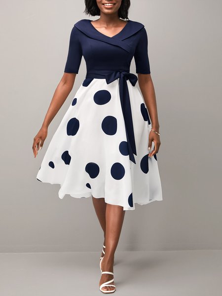 

Polka Dots Lapel Woven Dress With Belt, Dark blue, Midi Dresses