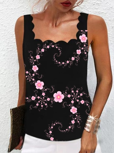 

Floral Square Neck Casual Knit, Black, Tank Top