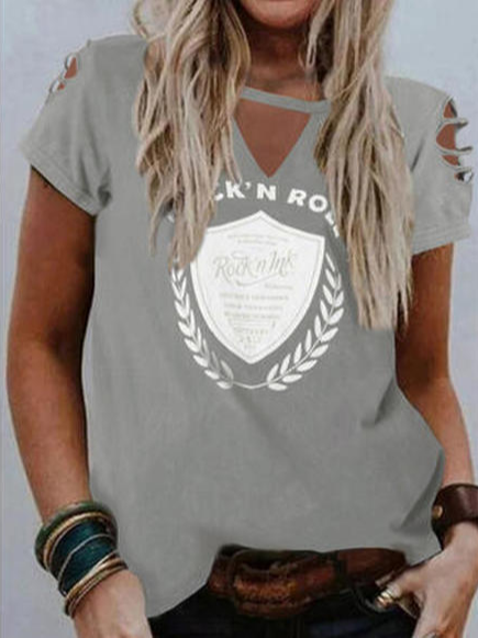 

Casual Letter V Neck Short Sleeve T-Shirt, Gray, T-Shirts