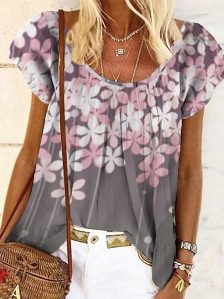 

Floral Crew Neck Short Sleeve Plus Size Casual Tops, Pink-gray, Tops