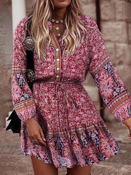 

Casual Long Sleeve Woven Dress, Fuchsia, Mini Dresses