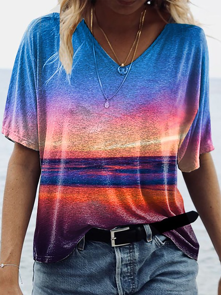 

V-neck Sunset Patterns Casual T-shirt, Multicolor, T-Shirts
