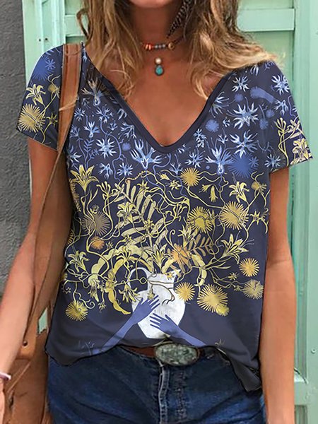 

Retro Illustration Design Casual Loose T-Shirt, Blue, T-Shirts