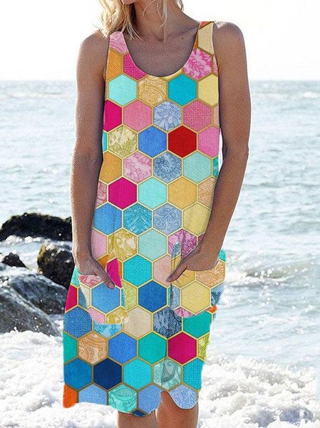 

Casual Geometric Crew Neck Sleeveless Knitting Dresses, Multicolor, Dresses