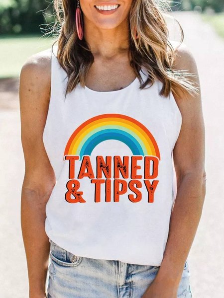 Casual Round Neck Letter, White, Tank Top