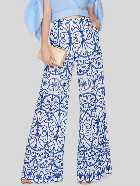 

Elegant Printed Pockets Wide Leg Pants, Blue, Shorts