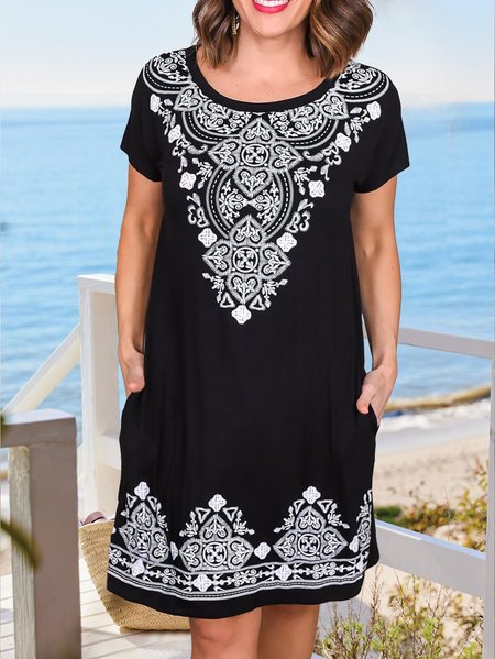 

Casual Round Neck Vintage Tribal Printed Short Sleeve Loose Dress, Black, Mini Dresses