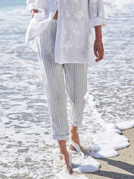

Cotton and Linen Striped Elastic Belt Casual Trousers, Blue, Pants