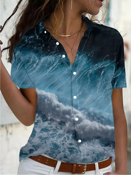

Womens Dark Blue Ocean Water Waves Print Casual Short Sleeve Blouse, As picture, Blouses