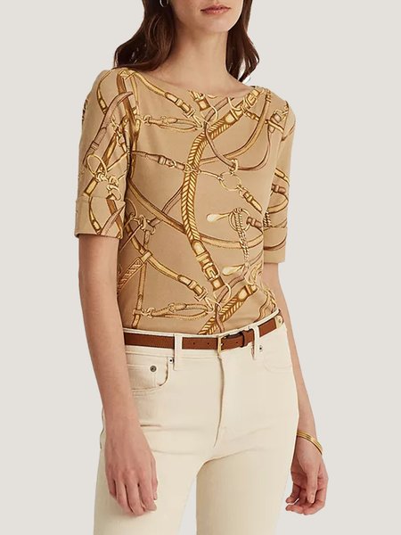 

Simple Printed Slim Fit Short Sleeve Top, Khaki, Tops